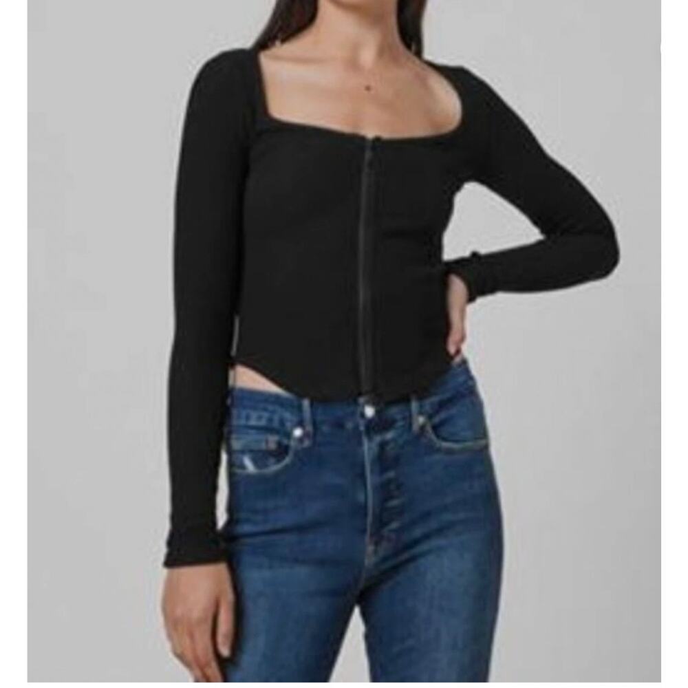Good American Zip Front Rib Tee Long sleeve sweater full zip square neck blk XL